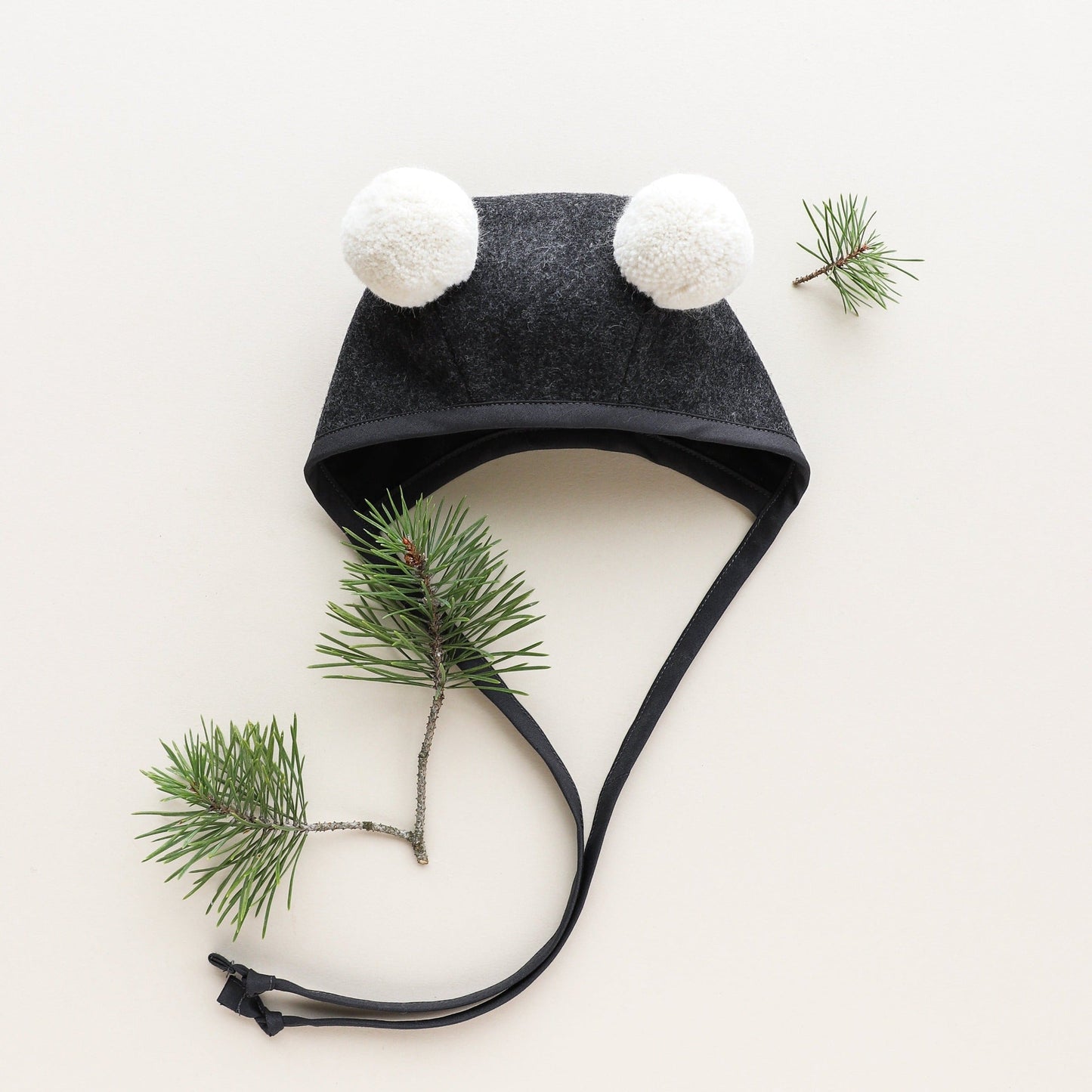 Charcoal Double Pom Bonnet Cotton-Lined