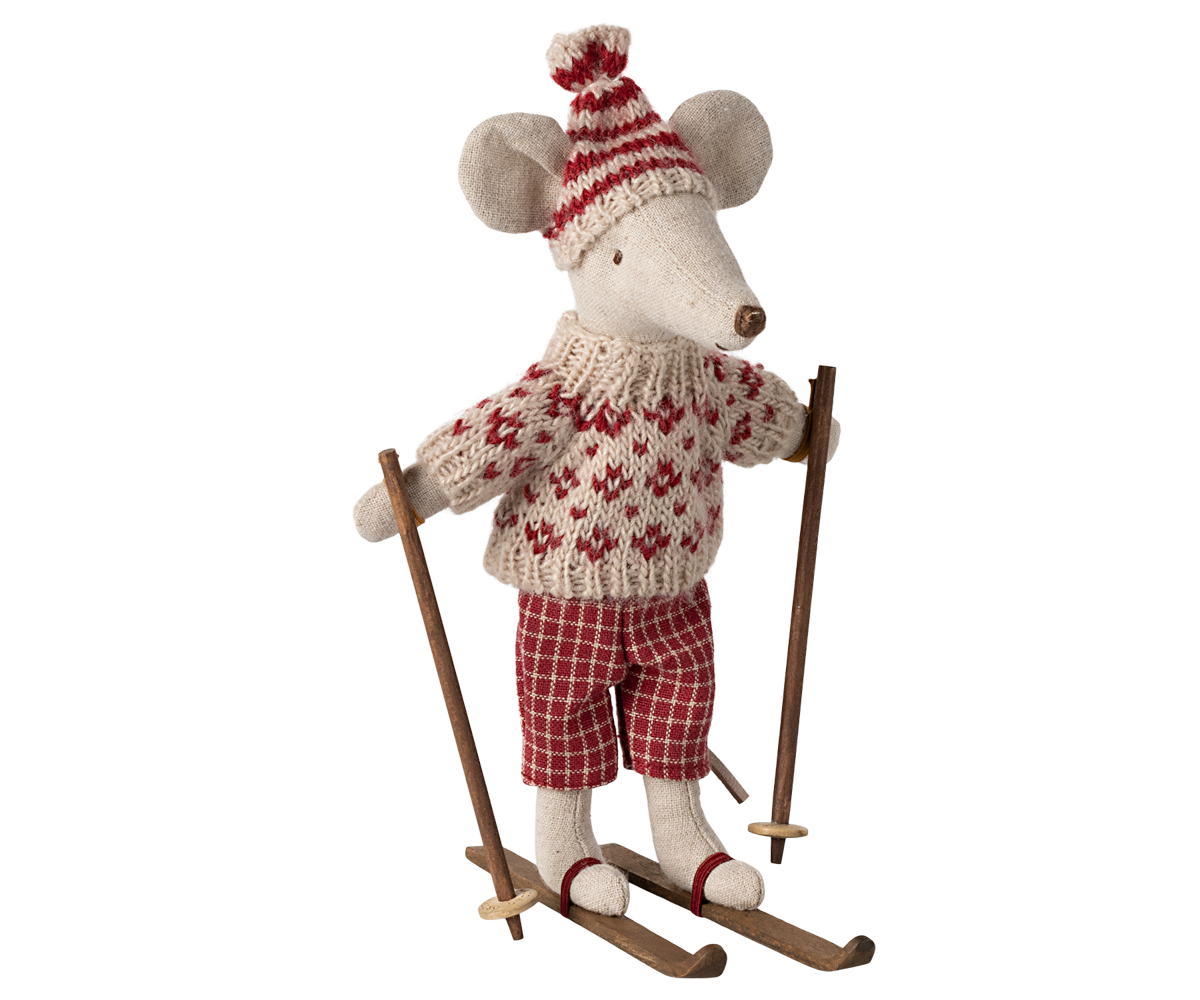 Winter mouse with ski set, Mum - Red