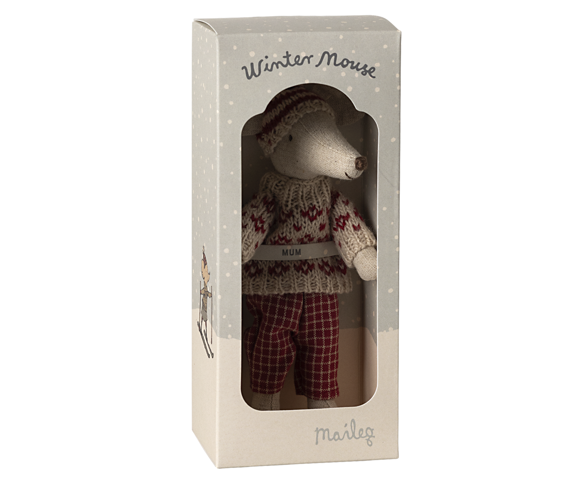 Winter mouse with ski set, Mum - Red