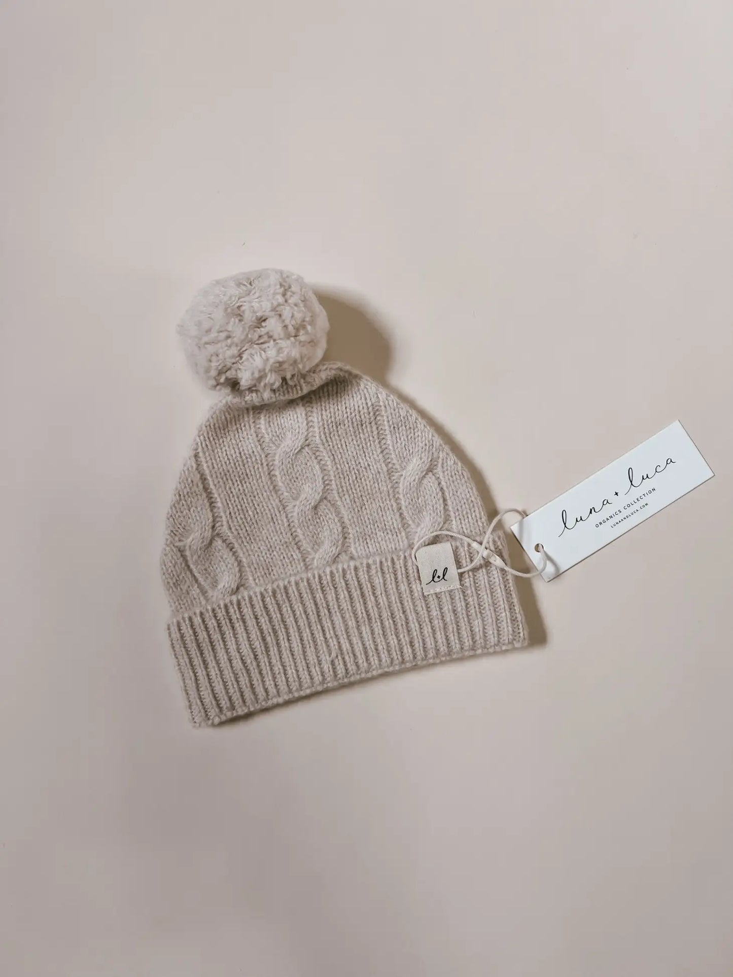 Wool Cable Knit Pom Beanie - Sand