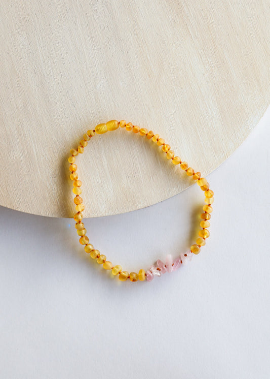 Raw Honey Baltic Amber + Raw Rose Quartz || Necklace