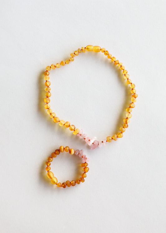 Raw Honey Baltic Amber + Raw Rose Quartz || Kids Set