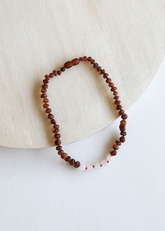 Raw Cognac Baltic Amber + Rose Quartz || Necklace