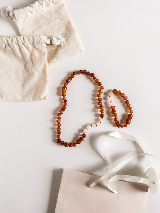 Raw Cognac Baltic Amber + Rose Quartz || Kids Set ||