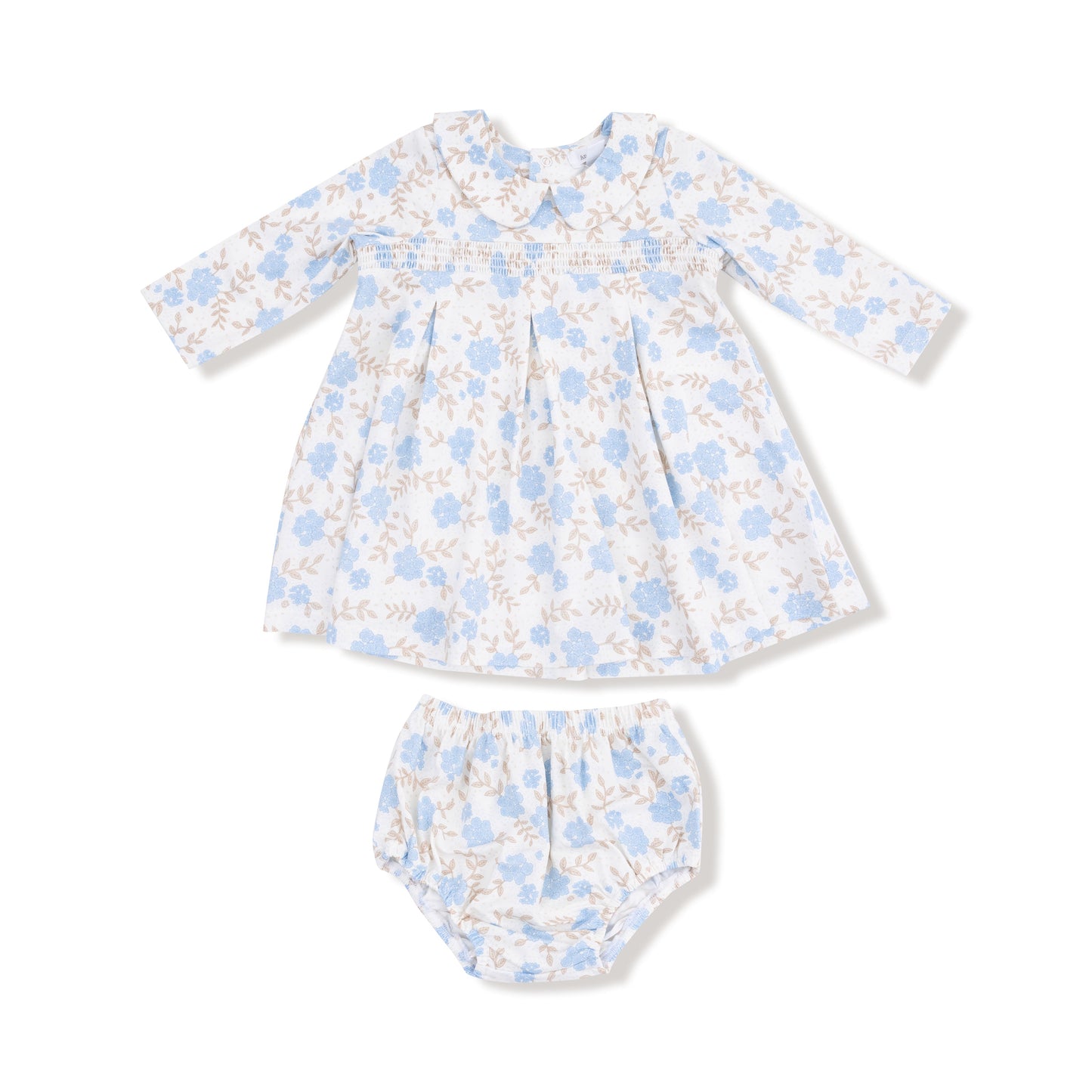 Baby Blue Floral - Long Sleeve Peter Pan Collar Dress and Bloomer