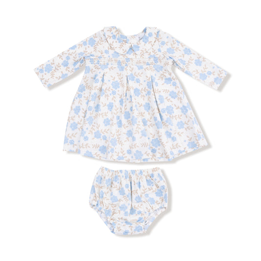 Baby Blue Floral - Long Sleeve Peter Pan Collar Dress and Bloomer