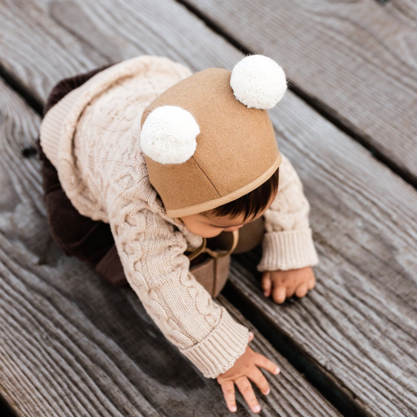 Camel Double Pom Bonnet Cotton-Lined