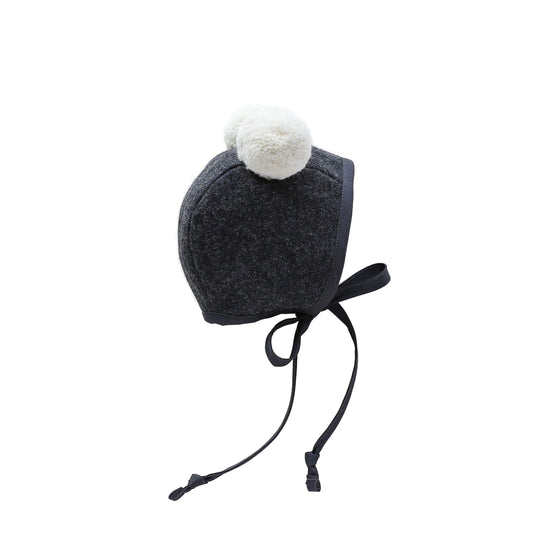 Charcoal Double Pom Bonnet Cotton-Lined