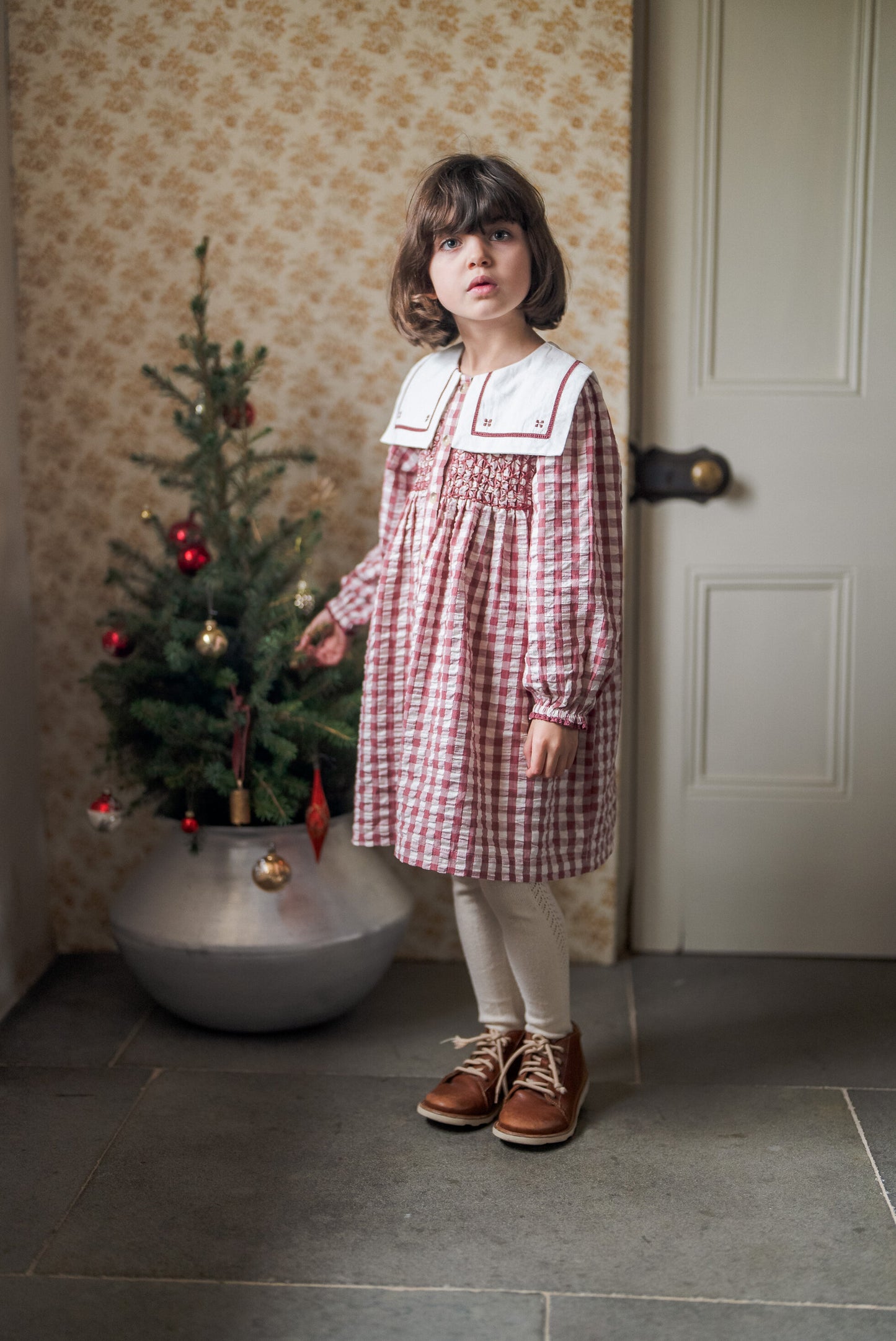 Smocked Sabrina Dress - Seersucker Gingham in Apple Butter