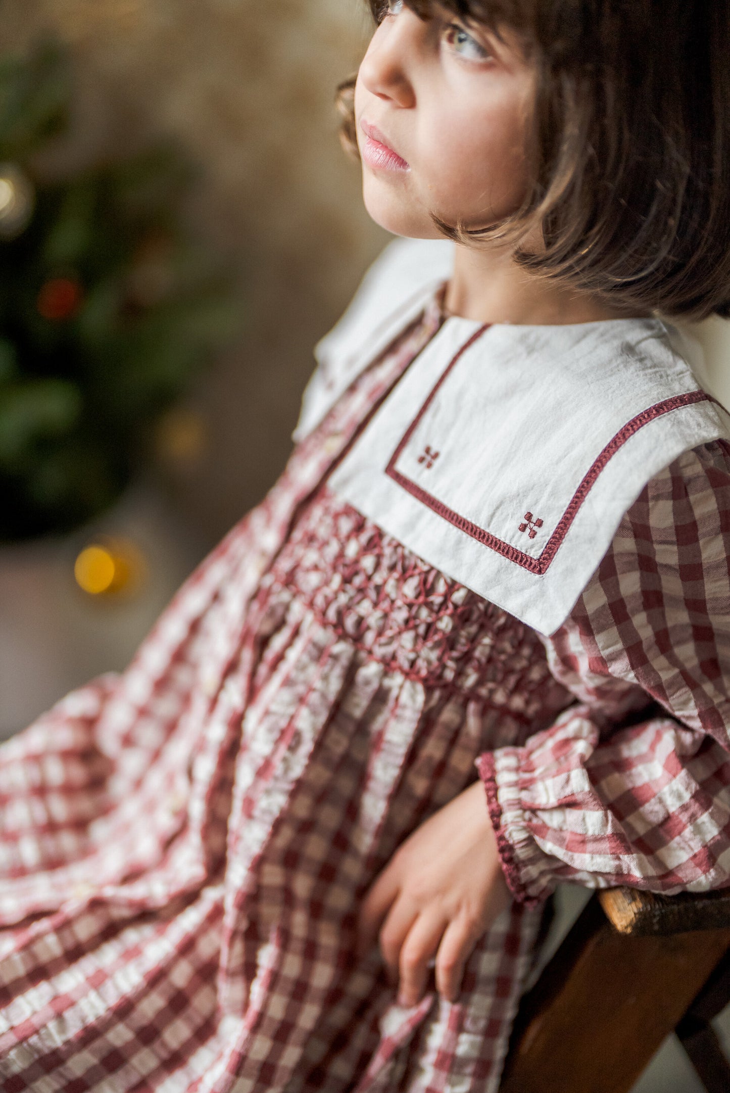 Smocked Sabrina Dress - Seersucker Gingham in Apple Butter