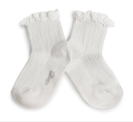 Lili - Lace Trim Ribbed Ankle Socks - Blanc Neige